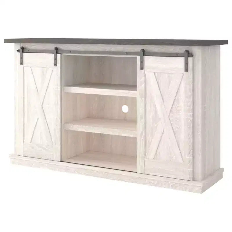 Meuble TV moyen Signature Design by Ashley Dorrinson pour téléviseurs jusqu'à 63 po, bicolore : console média de style ferme avec étagères réglables