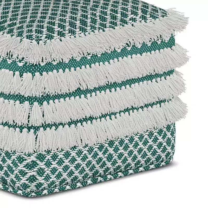 Pouf Ari carré en PET tissé, turquoise/blanc - WyndenHall