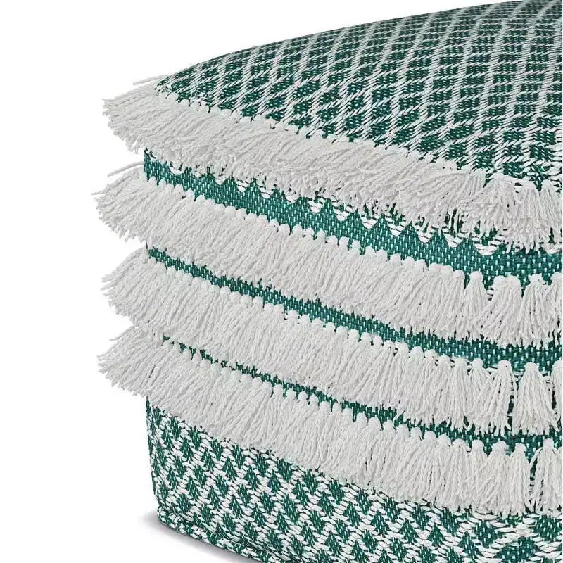 Pouf Ari carré en PET tissé, turquoise/blanc - WyndenHall