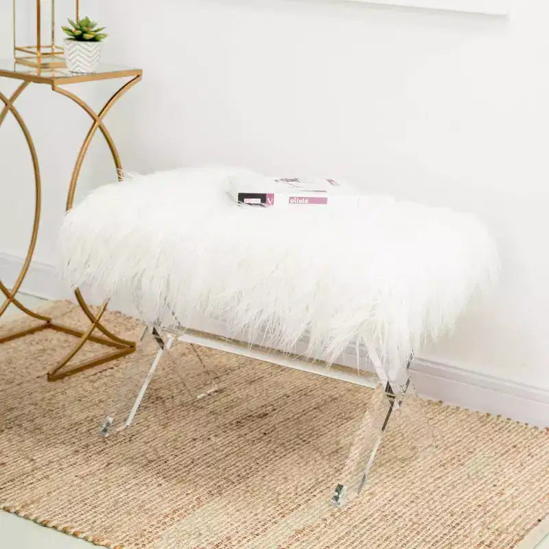 Banc rembourré en fausse fourrure de 26 po avec pied en X acrylique Blanc - Glitzhome