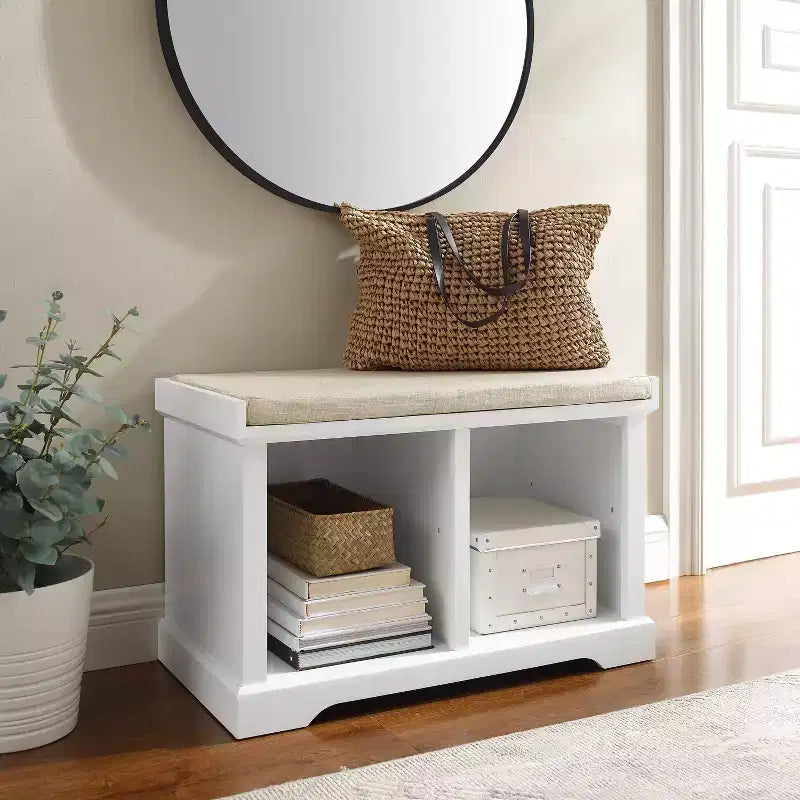 Banc de rangement Anderson blanc - Crosley : Rembourré, revêtement en lin, style champêtre