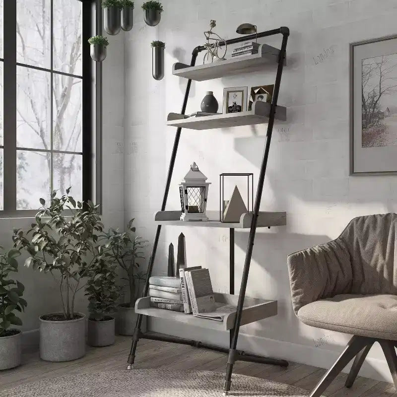 MAISONS : Intérieur et Extérieur 70.86" Étagère d'affichage Humbolt en échelle, Chêne gris vintage : Style industriel, 4 niveaux de rangement