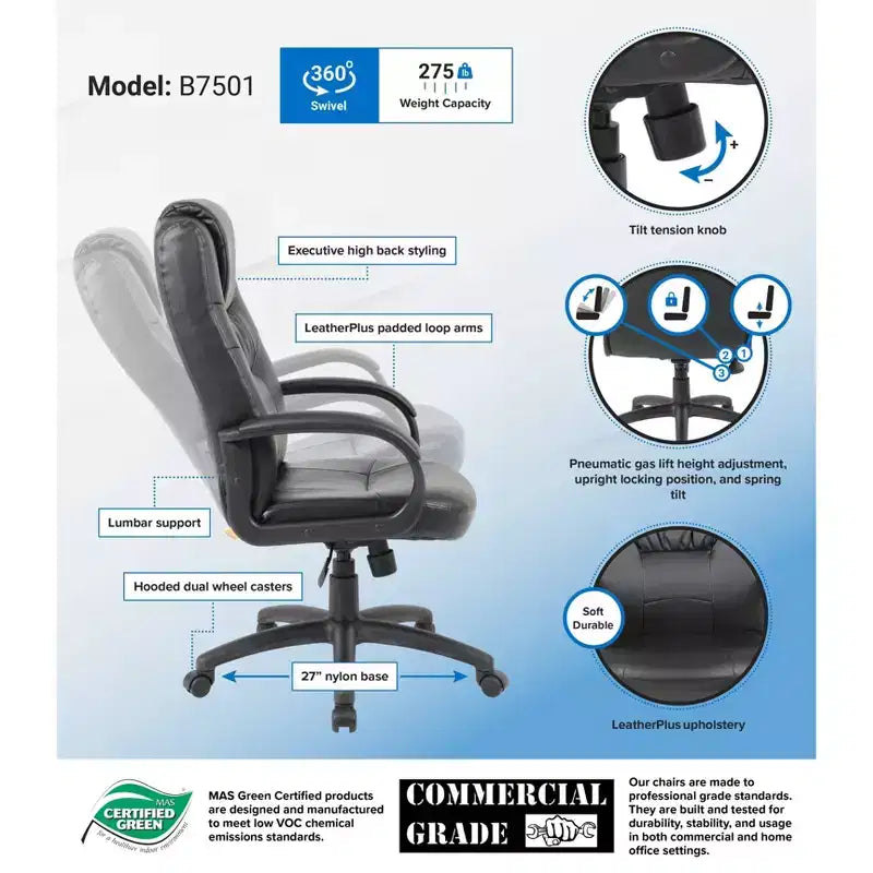 Chaise de bureau Executive en similicuir noir à dossier haut - Boss Office Products : Ergonomique, pivotante, réglable en hauteur, structure métallique