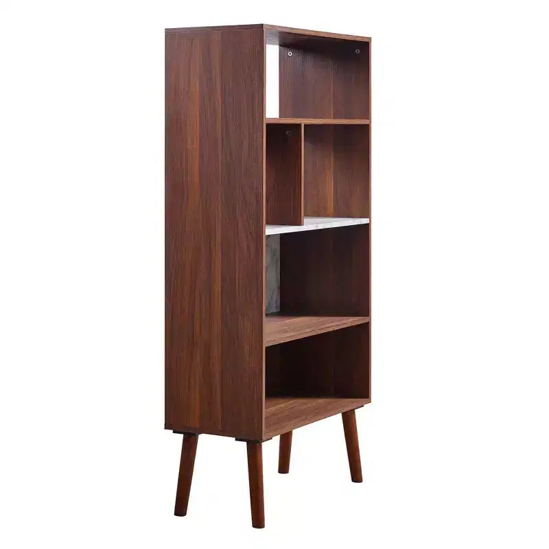 Étagère Kingston 58 po avec dessus imitation marbre et pieds en bois massif Noyer - Teamson Home : Rangement de style Mid-Century, 4 étagères ouvertes