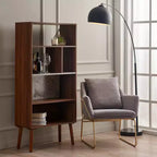 Étagère Kingston 58 po avec dessus imitation marbre et pieds en bois massif Noyer - Teamson Home : Rangement de style Mid-Century, 4 étagères ouvertes