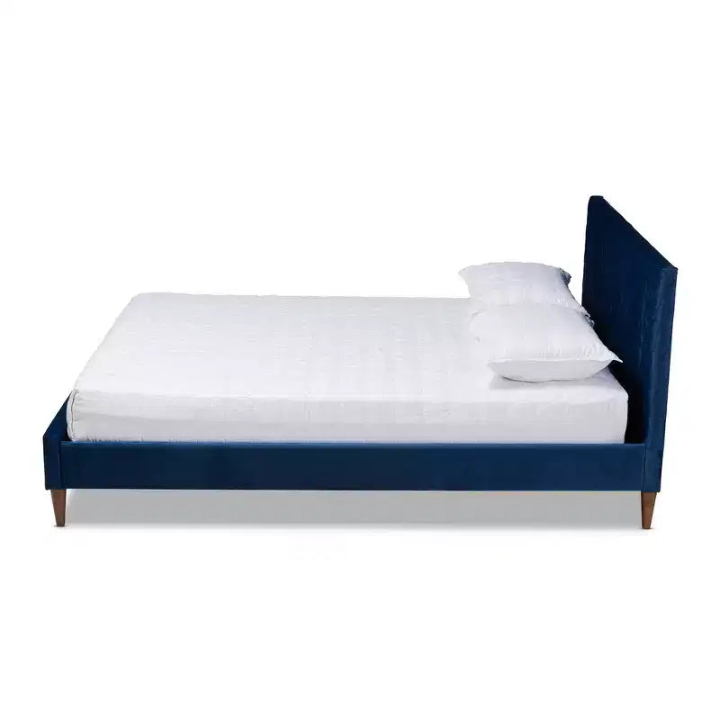 Lit plateforme Queen Frida Bleu Marine - Baxton Studio : Design Mid-Century, Pieds coniques, Revêtement velours