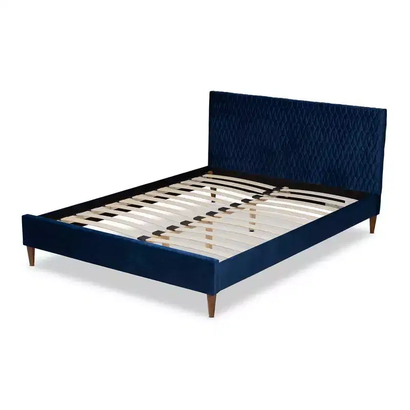 Lit plateforme Queen Frida Bleu Marine - Baxton Studio : Design Mid-Century, Pieds coniques, Revêtement velours