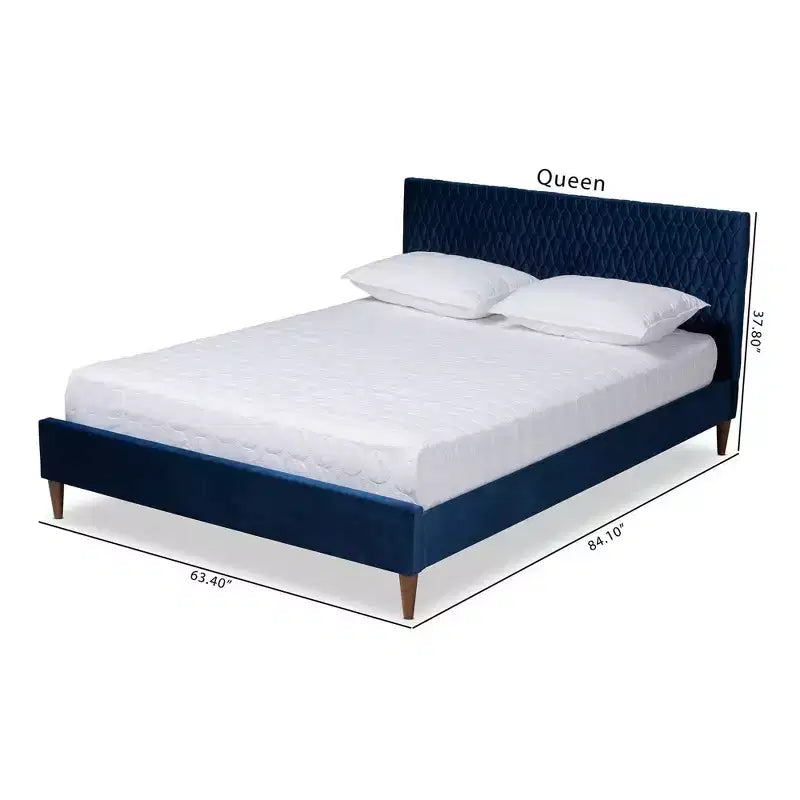 Lit plateforme Queen Frida Bleu Marine - Baxton Studio : Design Mid-Century, Pieds coniques, Revêtement velours