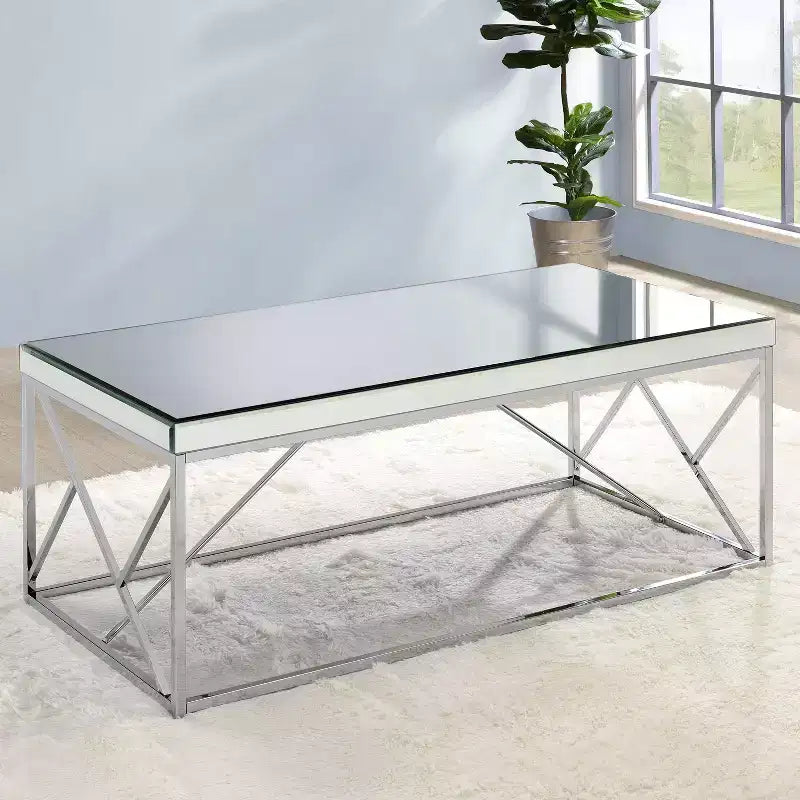Table Basse Cocktail Evelyn Mirror Top Chrome - Steve Silver Co. : Base Géométrique en Fer, Forme Rectangulaire