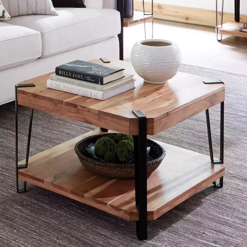 Alaterre Furniture Table Basse Carrée Ryegate Live Edge Bois Massif Marron Naturel 71 cm Métal et Bois : Plateau en Acacia, Piètement à 4 Pieds