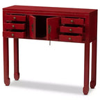 Table console Melodie à 6 tiroirs rouge - Baxton Studio : Inspiration antique, bois de bayur, poignées en bronze