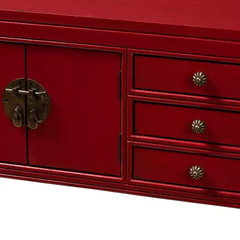 Table console Melodie à 6 tiroirs rouge - Baxton Studio : Inspiration antique, bois de bayur, poignées en bronze