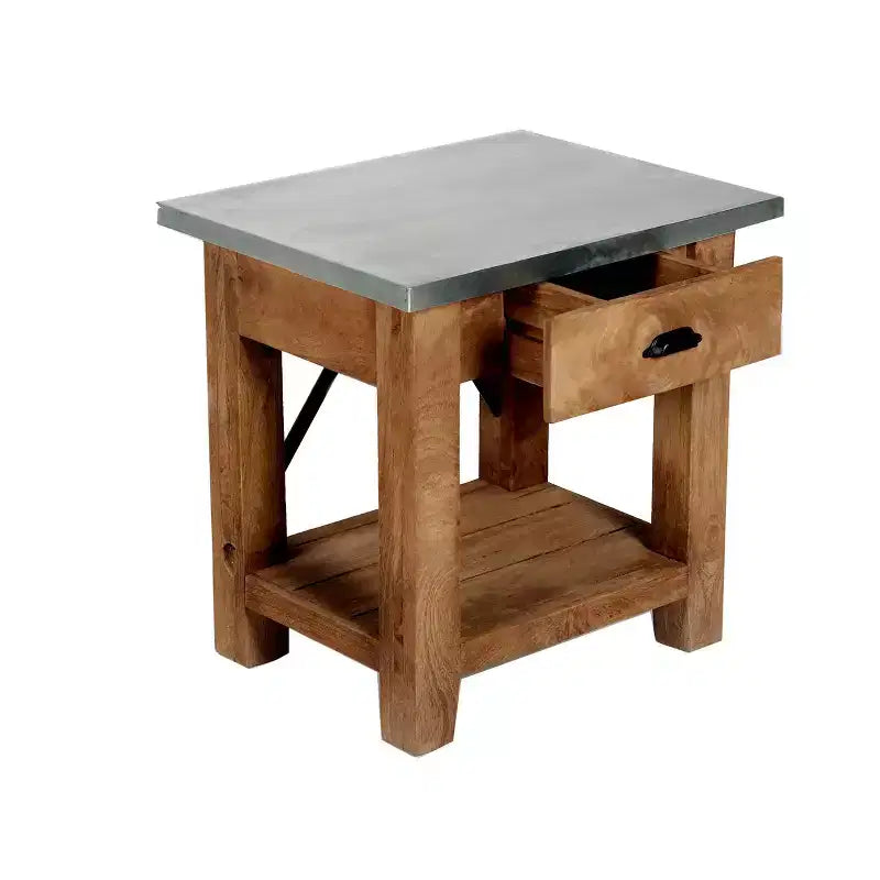 Table d'appoint en menuiserie avec tiroir : Moderne milieu de siècle, cadre en bois dur marron, plateau en métal argenté, 22" x 18" x 22"