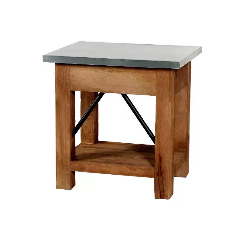 Table d'appoint en menuiserie avec tiroir : Moderne milieu de siècle, cadre en bois dur marron, plateau en métal argenté, 22" x 18" x 22"