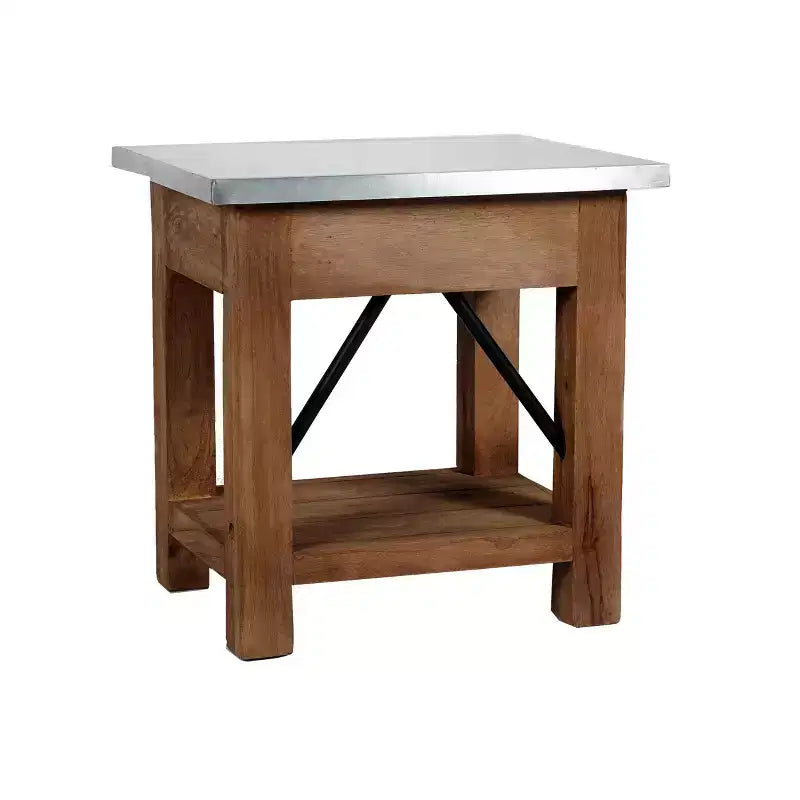 Table d'appoint en menuiserie avec tiroir : Moderne milieu de siècle, cadre en bois dur marron, plateau en métal argenté, 22" x 18" x 22"