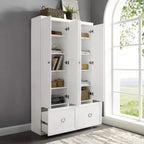 2 armoires de rangement Harper blanches pour entrée - Crosley : Cadre en MDF, placage bois, 4 portes, 2 tiroirs, 6 crochets, hauteur 188 cm