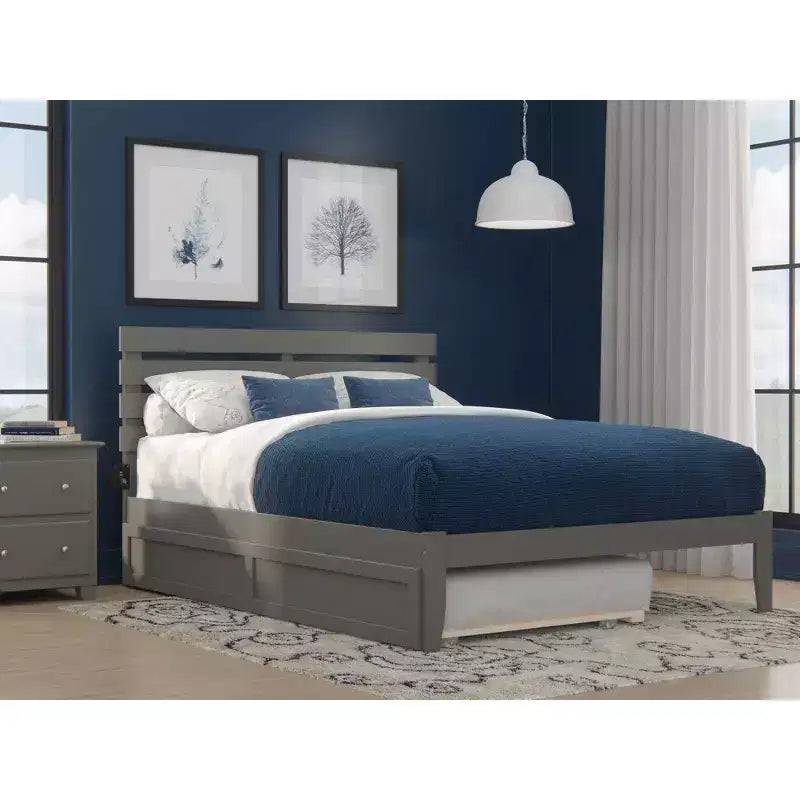 Lit Queen Oxford avec chargeur USB turbo et lit gigogne XL gris - AFI : bois massif, pas besoin de sommier tapissier, design du milieu du siècle