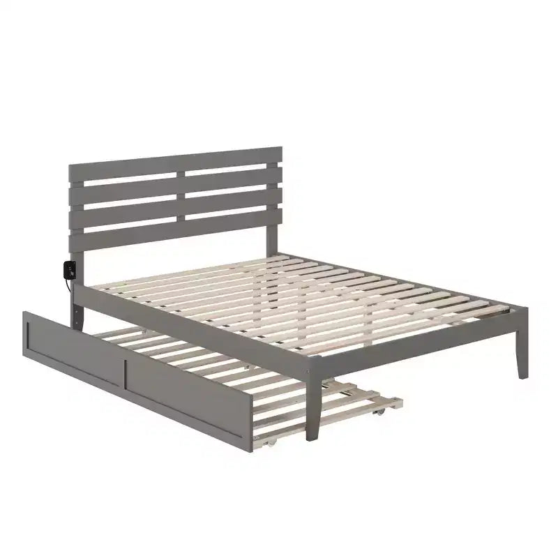 Lit Queen Oxford avec chargeur USB turbo et lit gigogne XL gris - AFI : bois massif, pas besoin de sommier tapissier, design du milieu du siècle