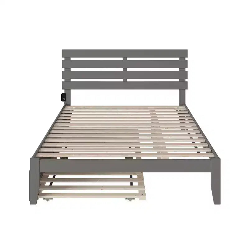 Lit Queen Oxford avec chargeur USB turbo et lit gigogne XL gris - AFI : bois massif, pas besoin de sommier tapissier, design du milieu du siècle