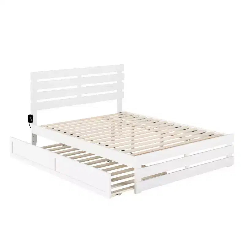 Lit Queen Oxford avec pied de lit, chargeur USB et tiroir-lit XL - AFI : Style Ferme, cadre en bois massif, finition peinte, capacité de 360 kg