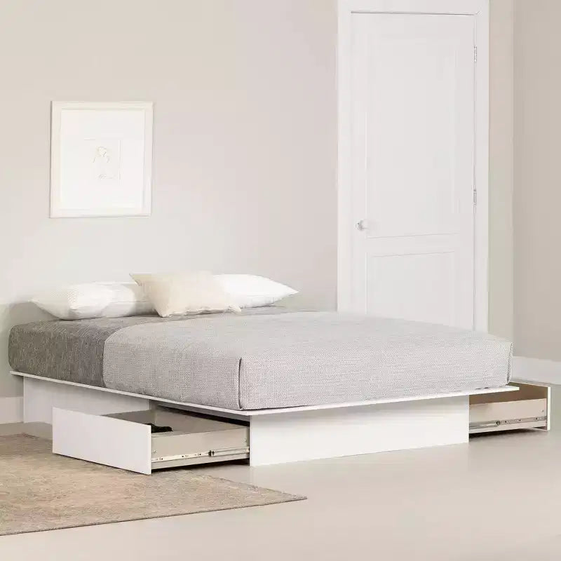 Lit plateforme Queen Fusion 2 tiroirs Blanc pur - South Shore : Structure contemporaine en bois massif et MDF, rangement sous le lit
