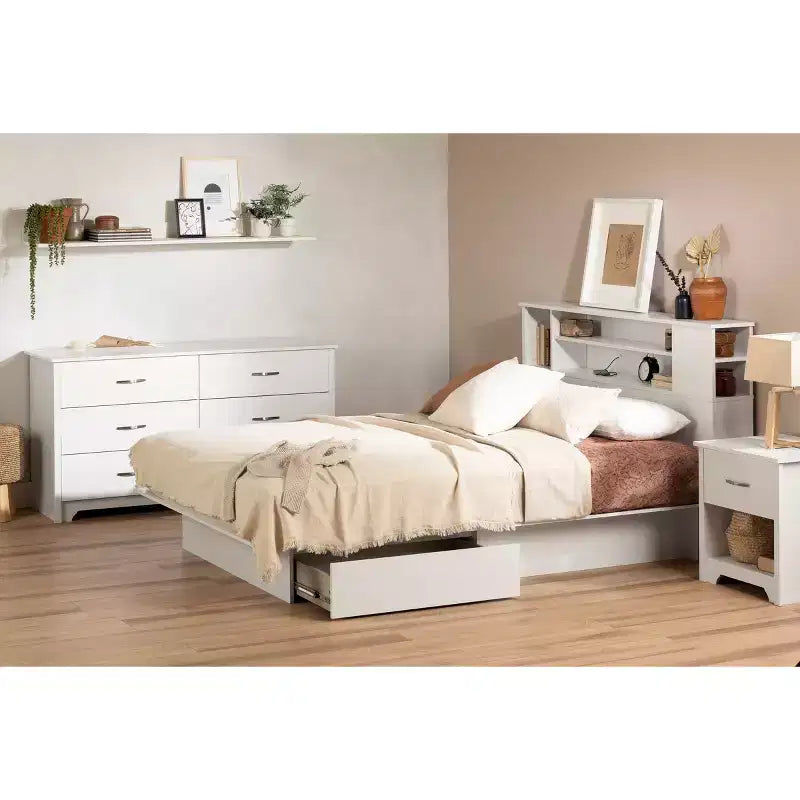 Lit plateforme Queen Fusion 2 tiroirs Blanc pur - South Shore : Structure contemporaine en bois massif et MDF, rangement sous le lit