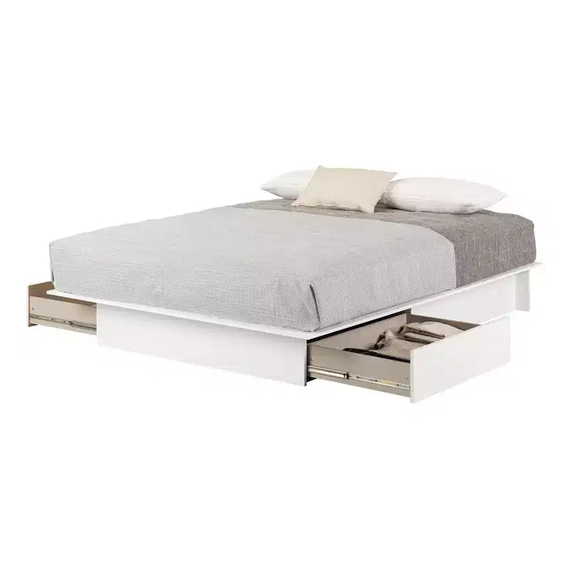 Lit plateforme Queen Fusion 2 tiroirs Blanc pur - South Shore : Structure contemporaine en bois massif et MDF, rangement sous le lit