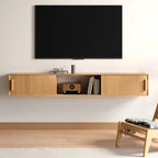 Meuble TV cannelé flottant en bois naturel avec rangement