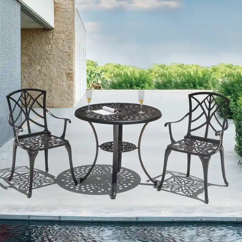 Ensemble de 2 chaises de patio extérieures, en aluminium coulé, noir avec bordure dorée