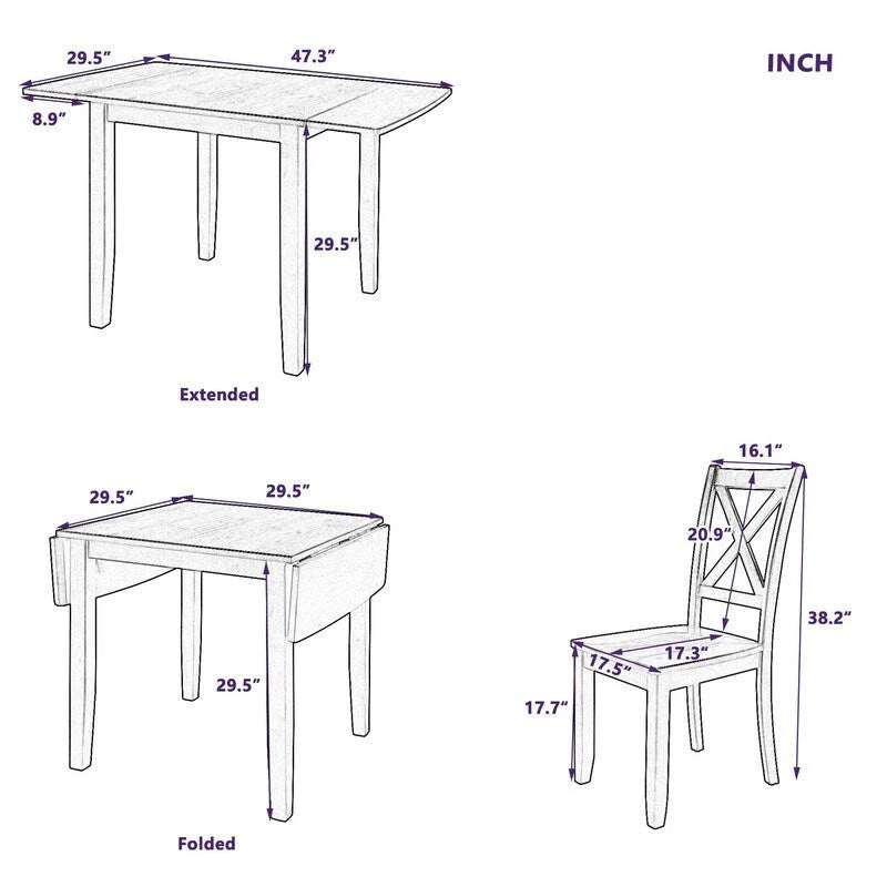 Ensemble de salle à manger 3 pièces avec table à rabats en bois et 2 chaises à dossier en X pour petits espaces