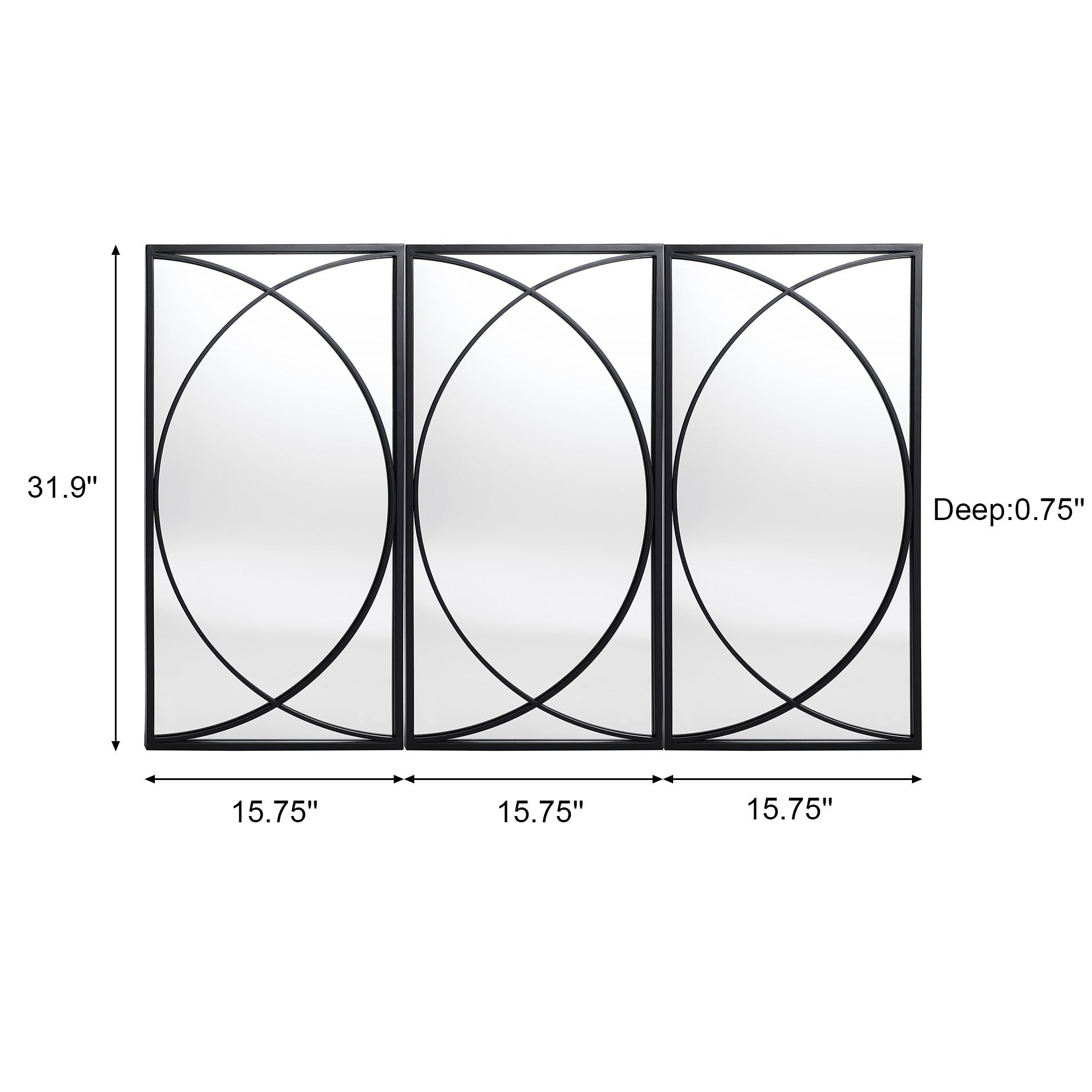 Lot de 3 miroirs muraux rectangulaires en métal noir - 31,9 H x 15,75 L x 0,75 P