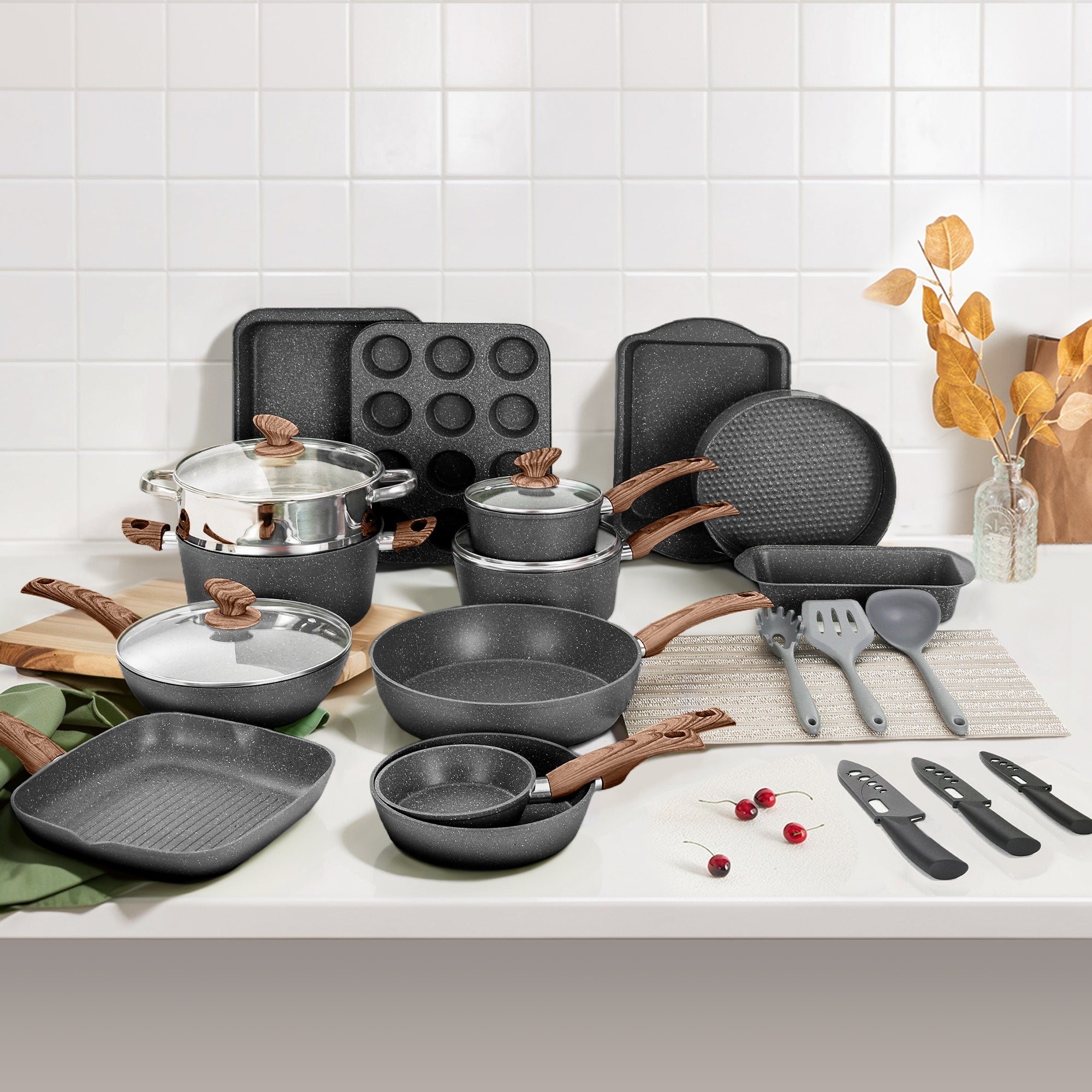 Ensemble de 30 pièces d'ustensiles de cuisine et de pâtisserie en granit, batterie de cuisine antiadhésive, casseroles et poêles