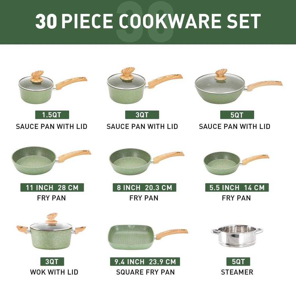 Ensemble de 30 pièces d'ustensiles de cuisine et de pâtisserie en granit, batterie de cuisine antiadhésive, casseroles et poêles
