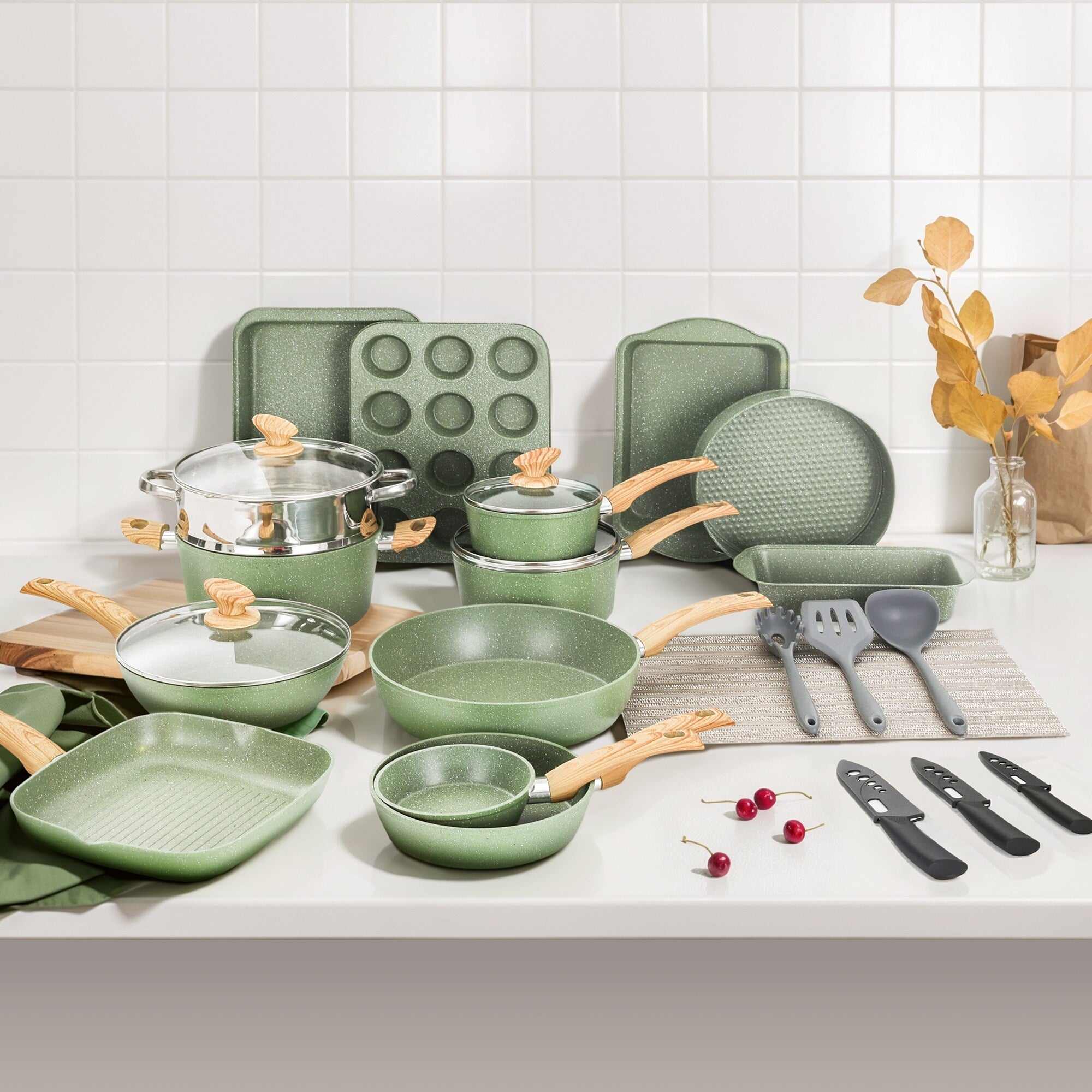 Ensemble de 30 pièces d'ustensiles de cuisine et de pâtisserie en granit, batterie de cuisine antiadhésive, casseroles et poêles