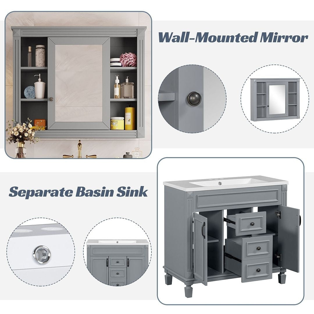 Meuble-lavabo de salle de bain moderne de 91 cm avec lavabo et armoire de toilette, 2 portes et 2 tiroirs