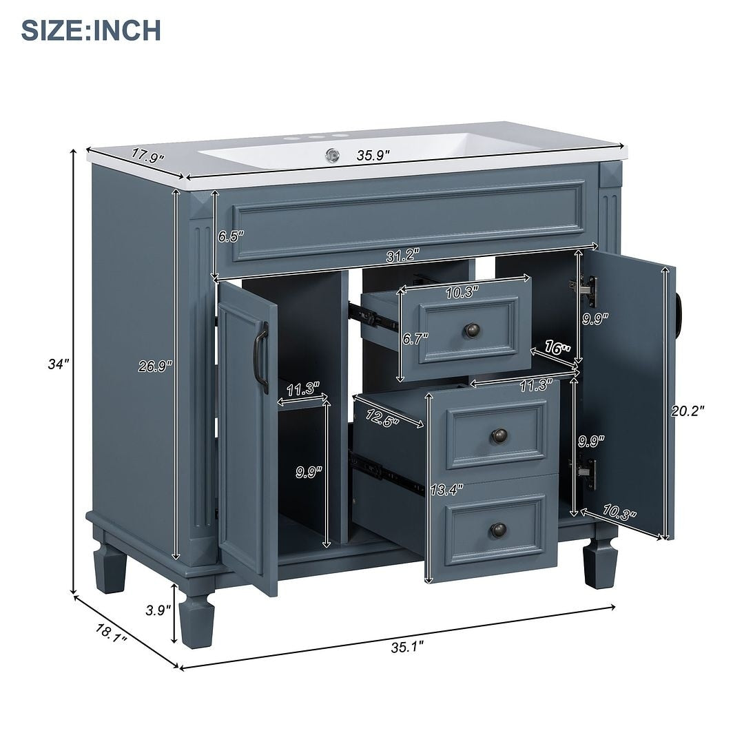 Meuble-lavabo de salle de bain moderne de 91 cm avec lavabo et armoire de toilette, 2 portes et 2 tiroirs