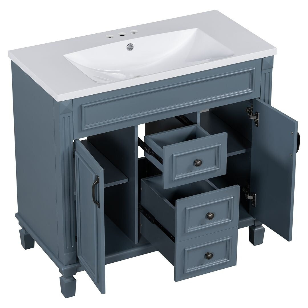 Meuble-lavabo de salle de bain moderne de 91 cm avec lavabo et armoire de toilette, 2 portes et 2 tiroirs