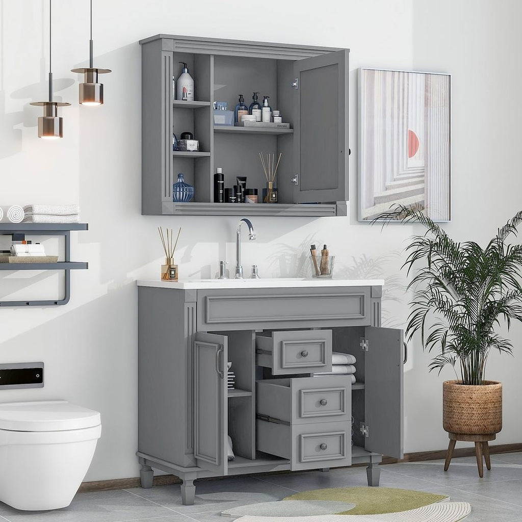 Meuble-lavabo de salle de bain moderne de 91 cm avec lavabo et armoire de toilette, 2 portes et 2 tiroirs