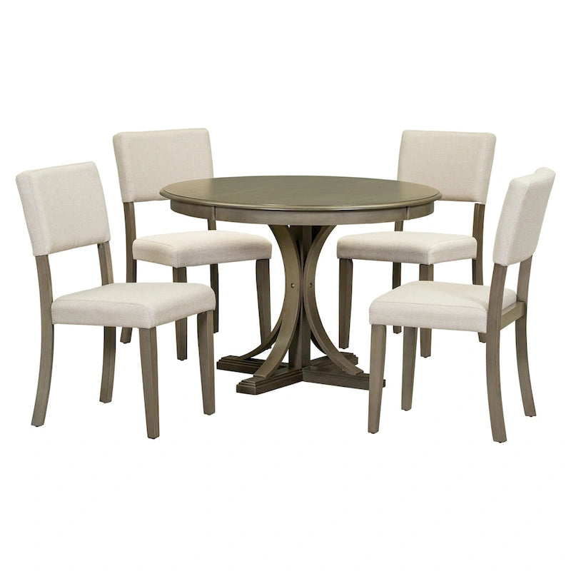 Ensemble de salle à manger 5 pièces en bois taupe rétro avec table à tréteaux courbés et 4 chaises