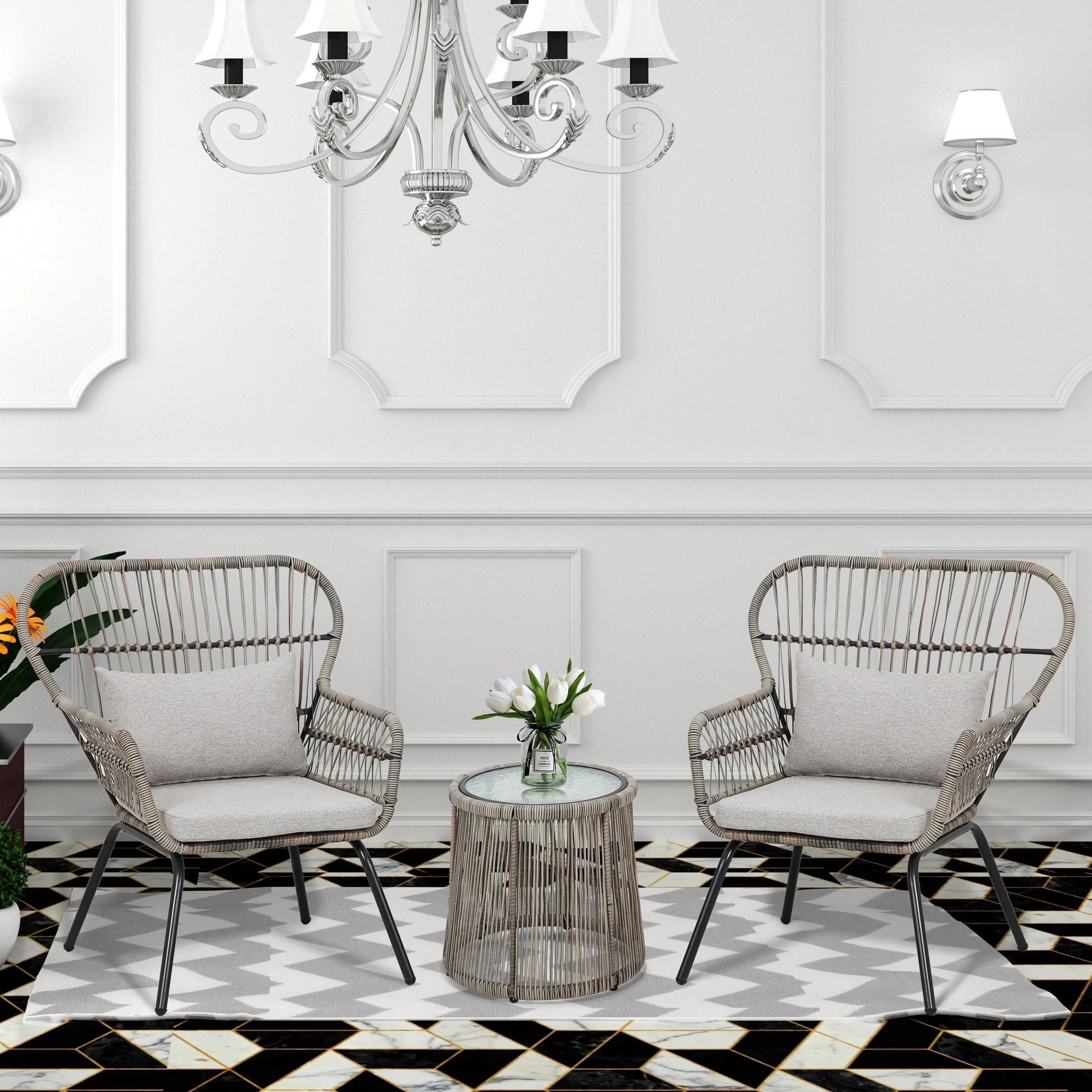 Ensemble bistrot 3 pièces en osier pour conversation, salon de jardin en rotin résistant aux intempéries avec coussins