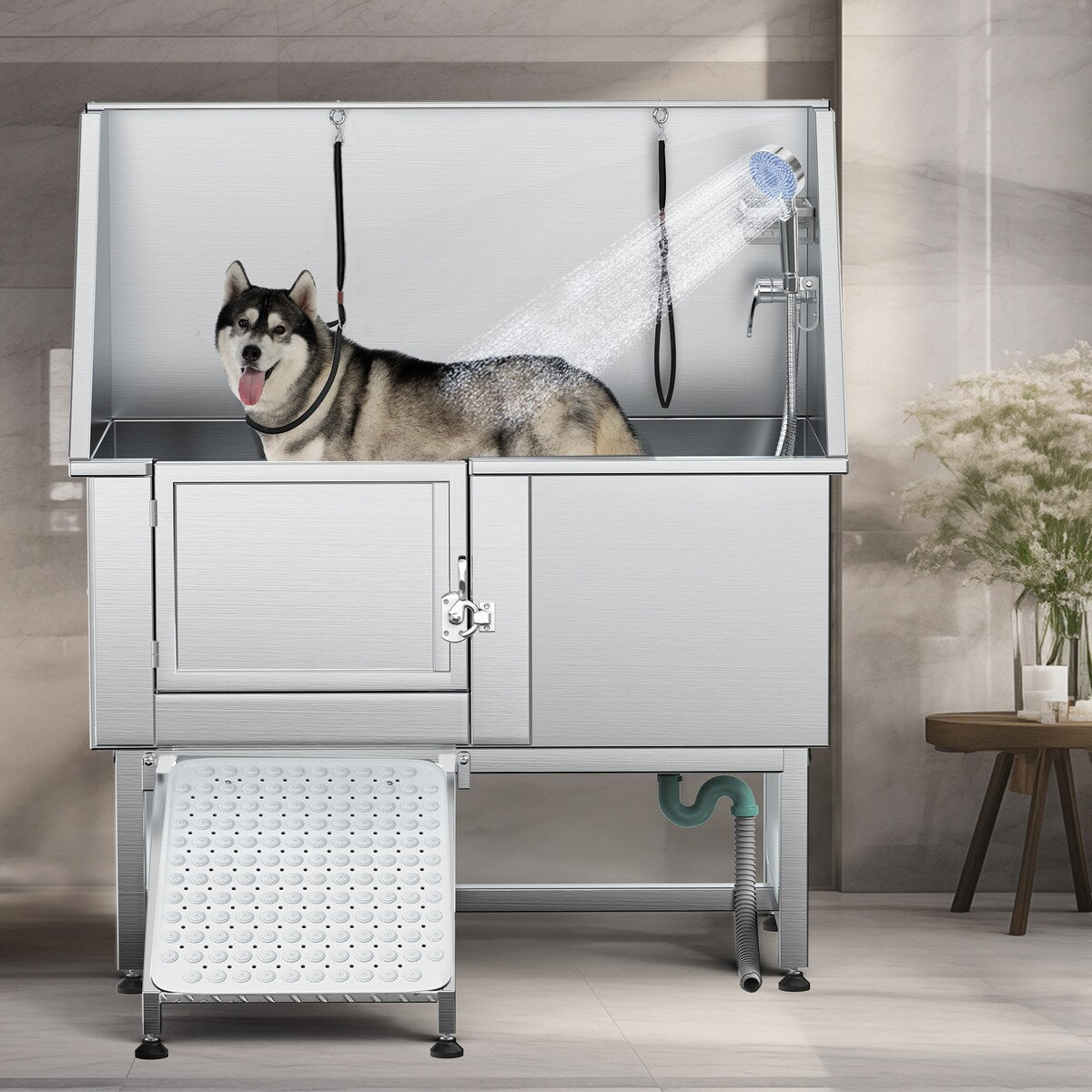 Baignoire de toilettage pour animaux de compagnie de 50 pouces de largeur en acier inoxydable avec rampe d'accès