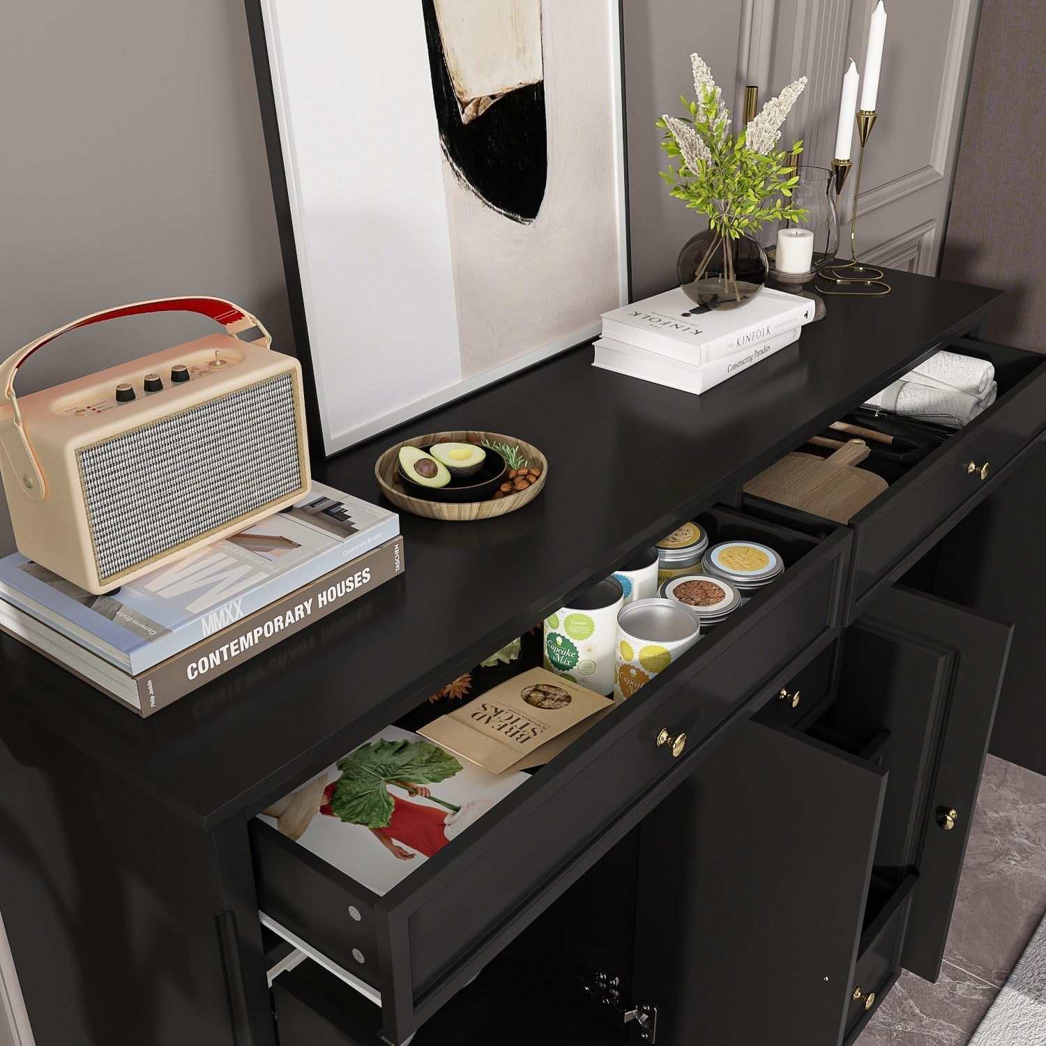 Buffet bahut 150 cm blanc laqué moderne contemporain du milieu du siècle
