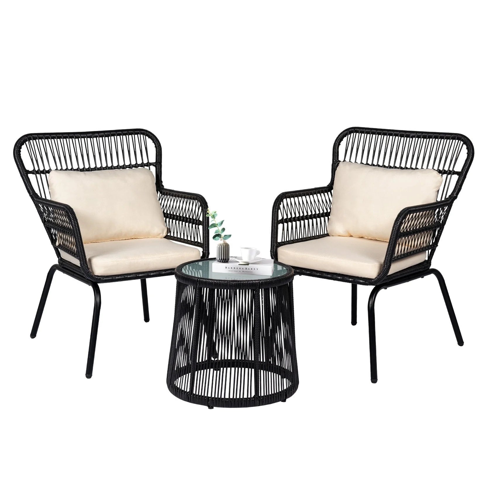 Ensemble bistrot 3 pièces en osier pour conversation, salon de jardin en rotin résistant aux intempéries avec coussins