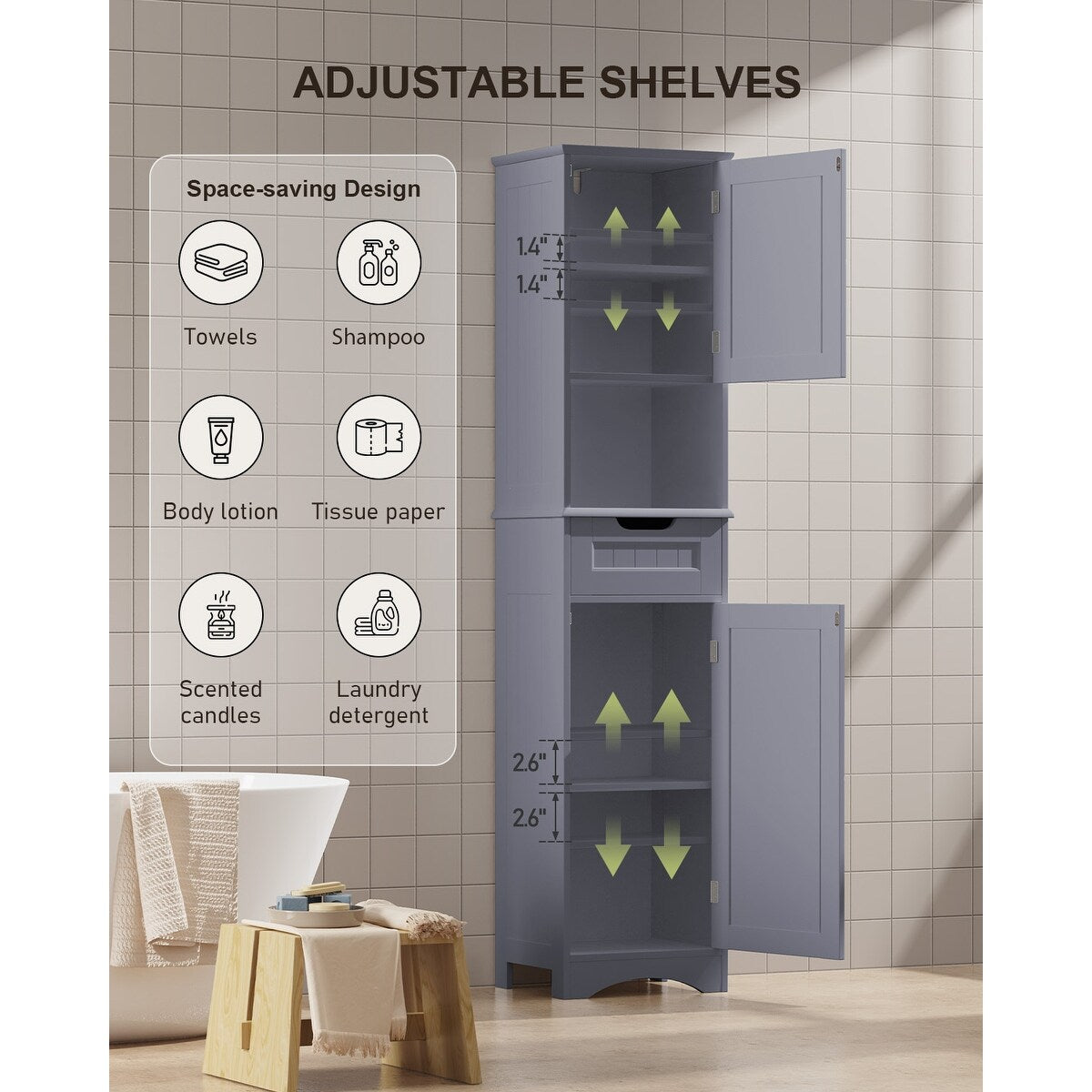 Meuble de rangement haut de salle de bain étroit de 170 cm, armoire autoportante en bois massif à 5 niveaux