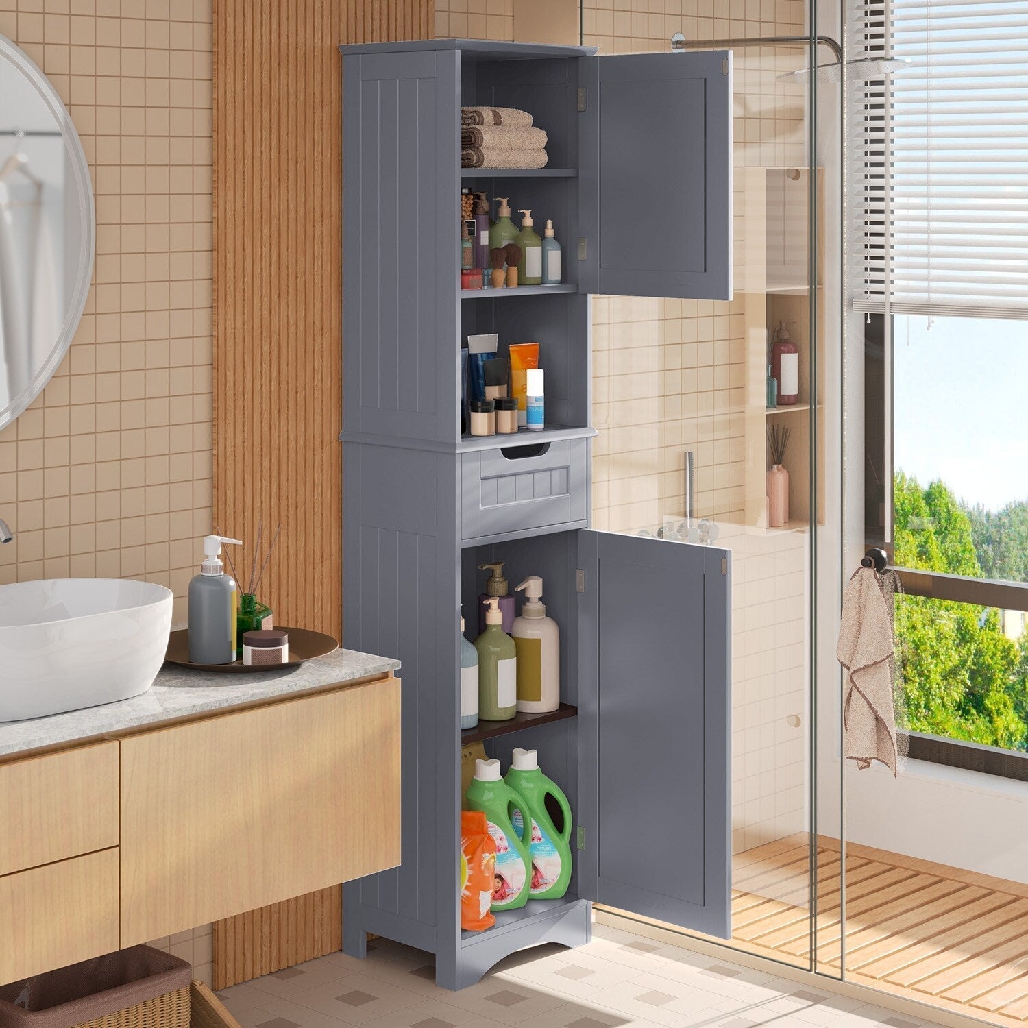Meuble de rangement haut de salle de bain étroit de 170 cm, armoire autoportante en bois massif à 5 niveaux