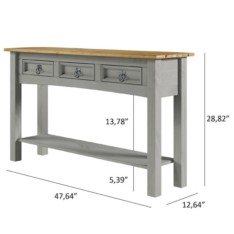 Console de couloir rustique en pin massif, blanc cérusé / marron antique / gris cérusé / non peinte, 3 tiroirs