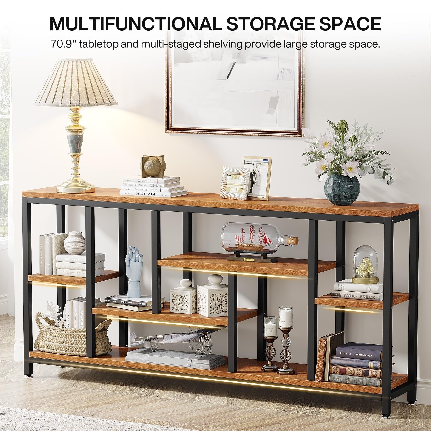 Console extensible de 70,9 pouces avec rangement, table d'entrée à 3 niveaux pour couloir