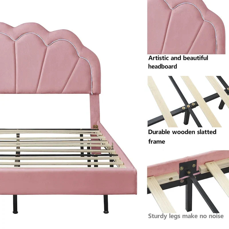 Ensembles de chambre à coucher 2 pièces – Lit plateforme double avec LED et pouf de rangement