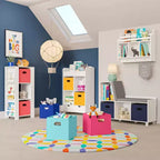 Tour de rangement pour livres et jouets RiverRidge Kids avec 3 casiers et 6 étagères à livres, blanc avec 2 bacs en tissu