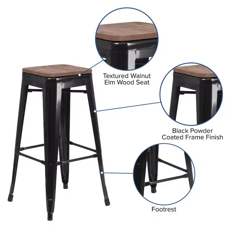 Tabouret de bar Flash Furniture 30 po sans dossier en métal avec siège carré en bois